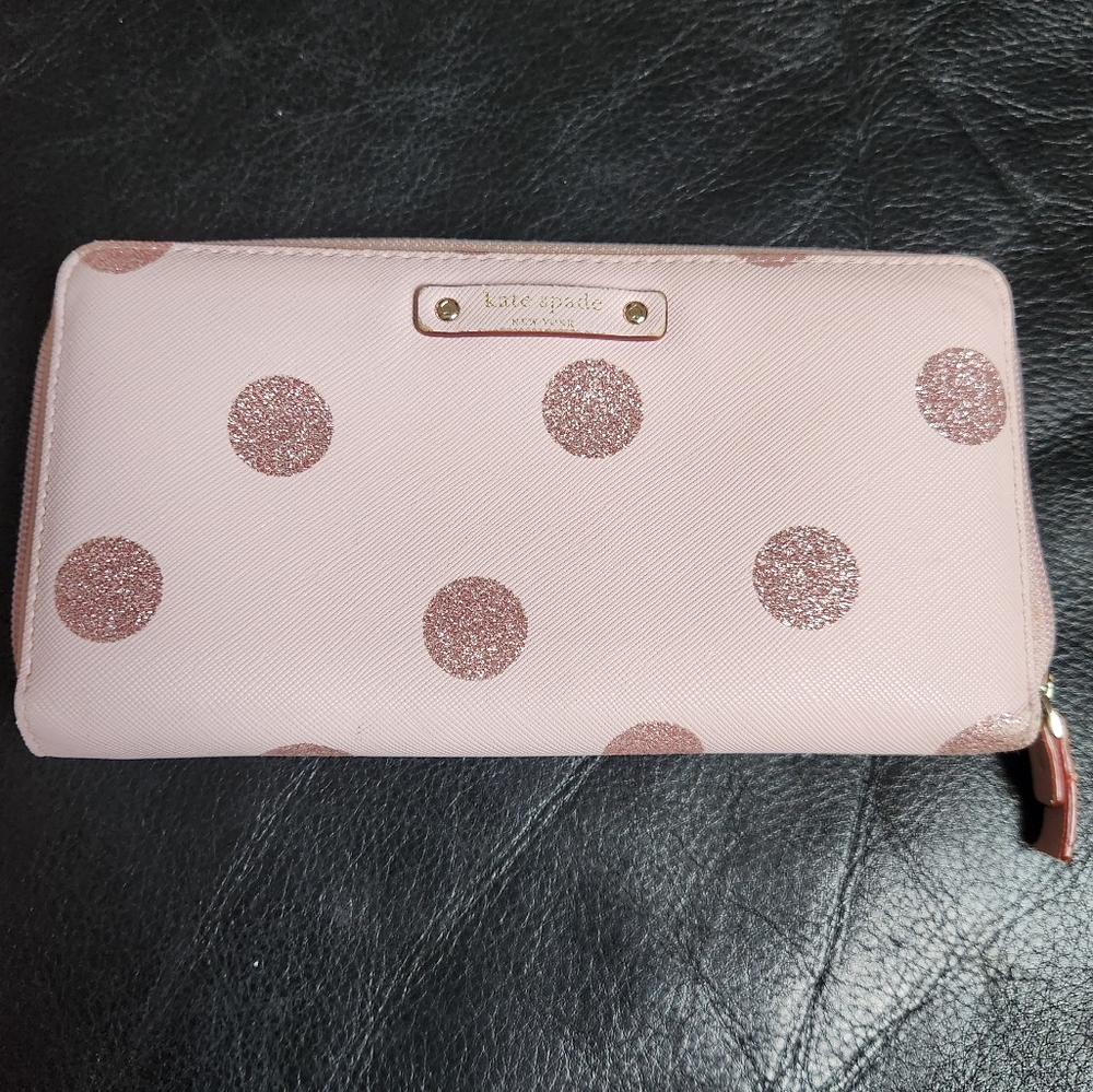 Kate Spade Haven Lane Neda Zip Around Wallet Lacey Pink Polka Dots Glitter